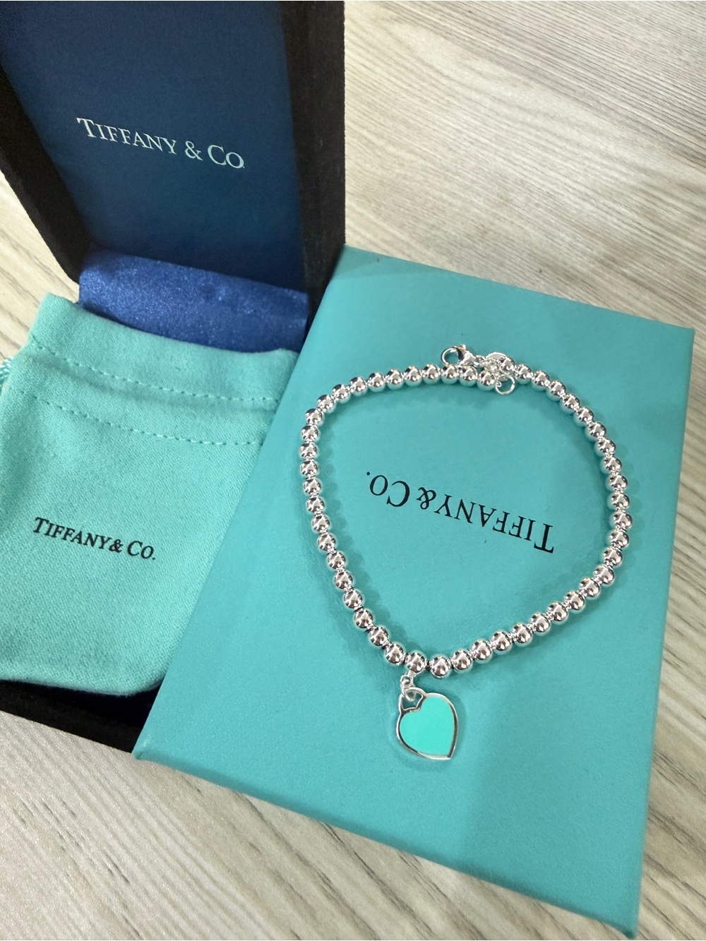 Tiffany & Co. Silver Beaded Necklace with Tiffany Blue Heart Charm